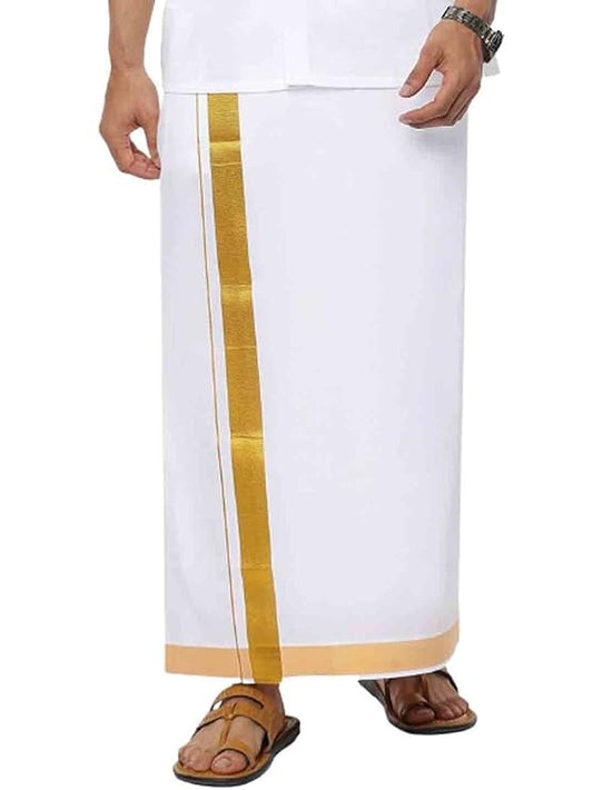 raditional Dhoti is crafted from pure cotton fabric and features a striking gold jari border, creating an elegant look perfect for any formal occasion.