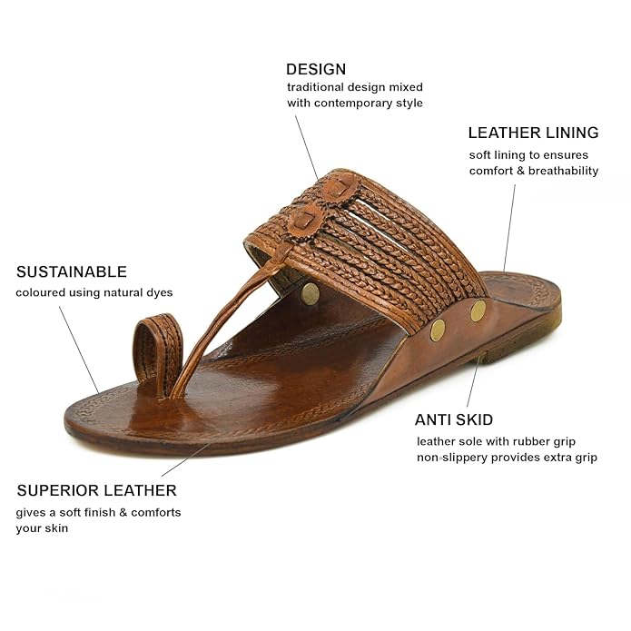 Enjoy both comfort and fashion with these high-quality leather slippers. Kolhapuri design and luxurious leather