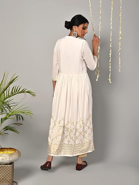 Women's Rayon Kurti is crafted from 100% rayon for superior softness, and features a Mandarin Neck, regular sleeves, and a calf length for a stylish look.