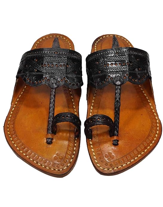 mens Kolhapuri chappals feature genuine leather and a yellow Kapashi base with a black upper colour, providing a unique look and comfortable fit