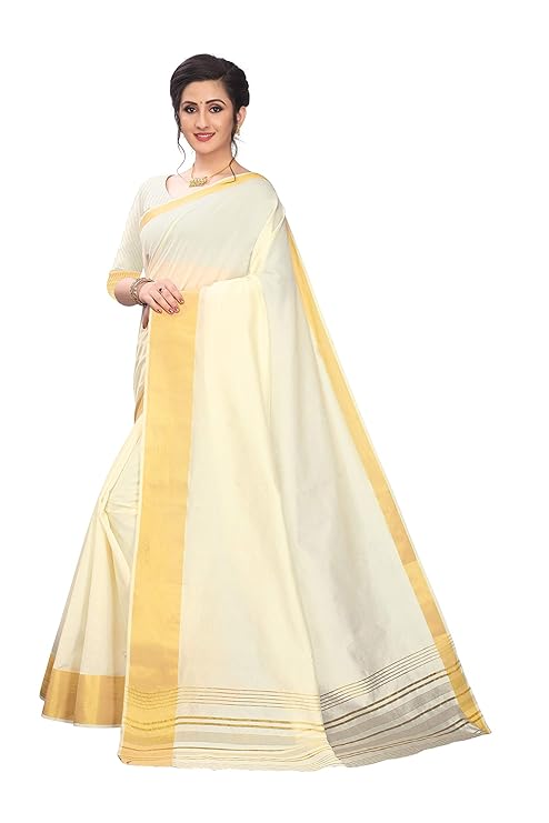This elegant saree is crafted from a blend of cotton and polyester, with a golden zari border.