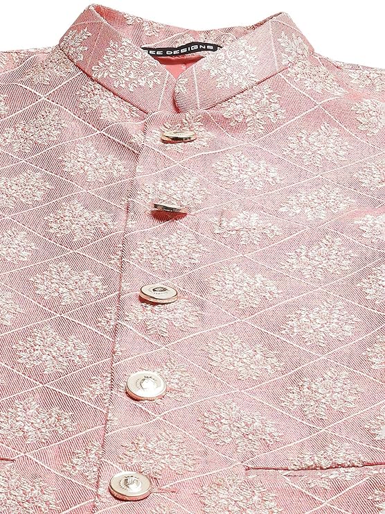 jacket offers a timeless look. The subtle coral and white details add an elegant touch to any look. fashion icon with a designs Men Coral& White Woven Jacquard Nehru Jacket.