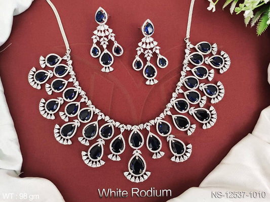 Enhance your style with our CZ AD Jewelry White Rodium Polish Party Wear Necklace Set.