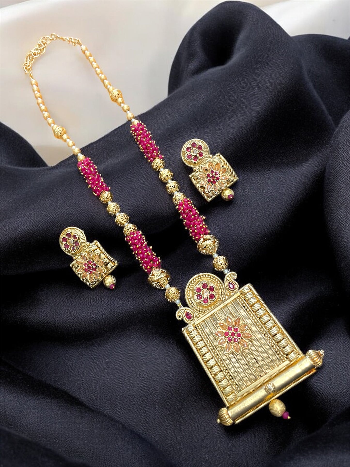 Rajwadi Gold Plated Long Pink Pearls Mala Bead Necklace Set