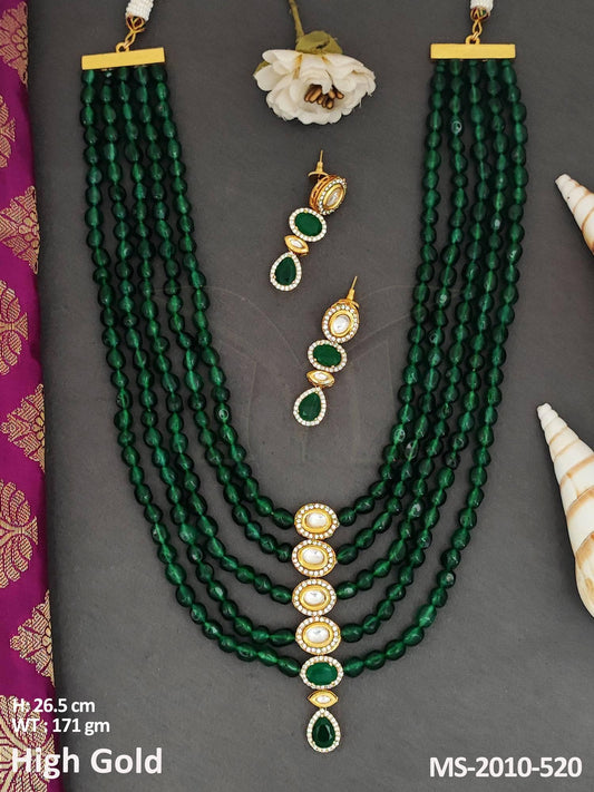 Crafted with intricate Kundan work, this elegant Mala set features a fancy design and a high gold polish