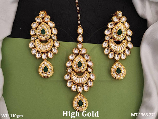 This Fancy Design Party wear Kundan Maant Tikka with Earring features a high gold polish and beautiful Kundan stones.