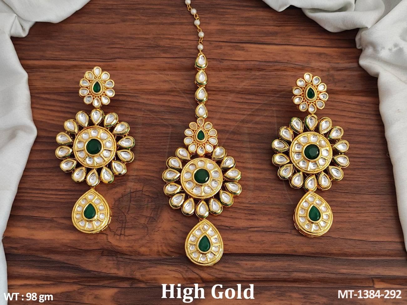This fancy design kundan maang tikka with earrings set is crafted with high-quality brass metal and is elegantly polished with high gold.
