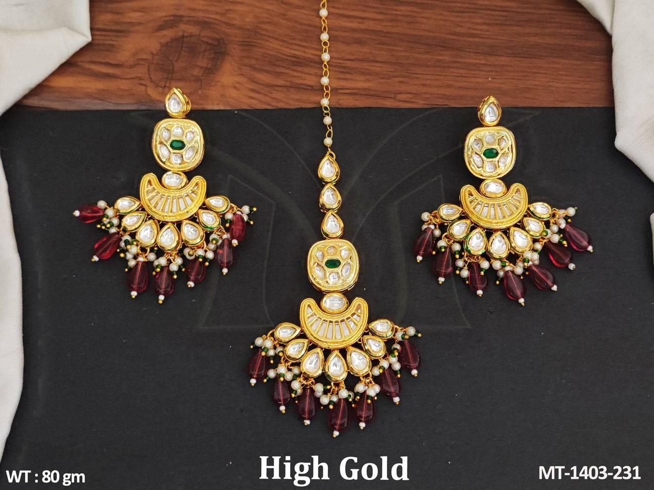 Enhance your traditional look with our High Gold Polish Kundan Maang Tikka featuring exquisite Kundan Stones and a fancy design.