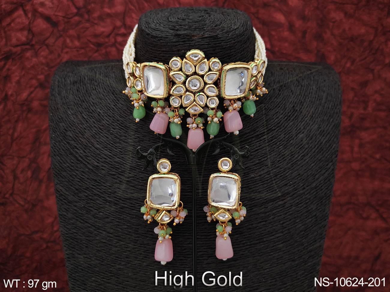 Elevate your party looks with our Kundan Jewellery High Gold Polish Fancy Style Choker Necklace Set