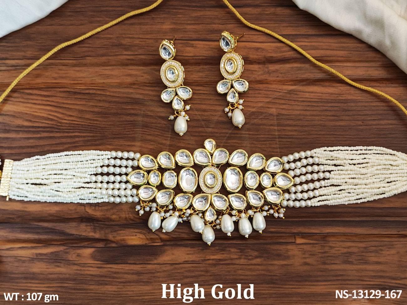 This Designer Party wear Kundan Choker Necklace Set features exquisite Kundan stones and a high gold polish,