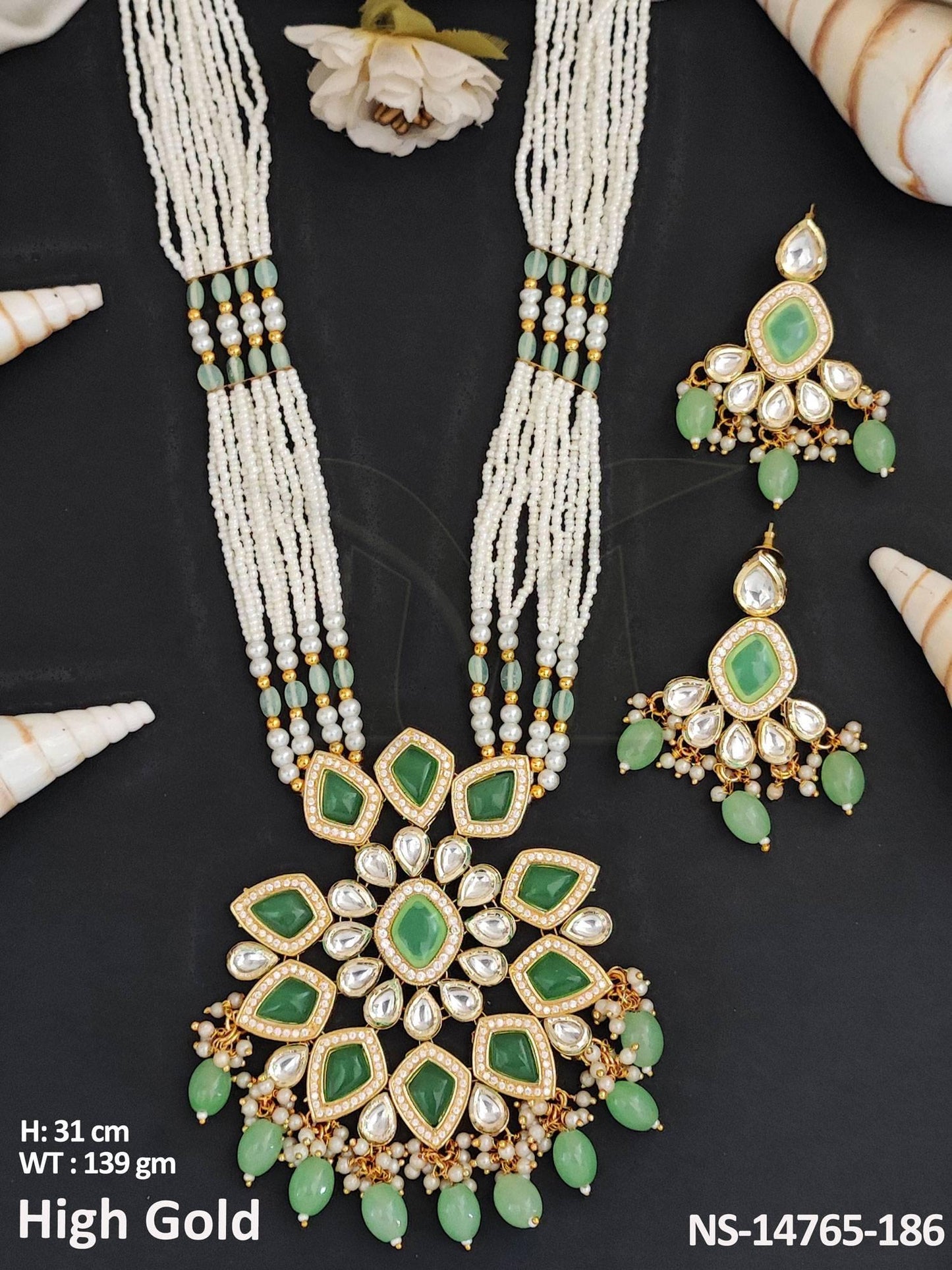 This Kundan Jewellery Fancy Design Long Necklace Set is crafted with high-gold polish on brass metal.