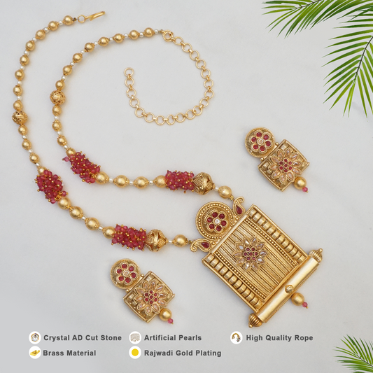 Rajwadi Gold Plated Long Pink Pearls Mala Bead Necklace Set
