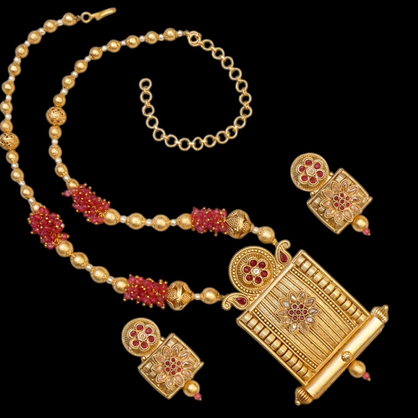 Rajwadi Gold Plated Long Pink Pearls Mala Bead Necklace Set
