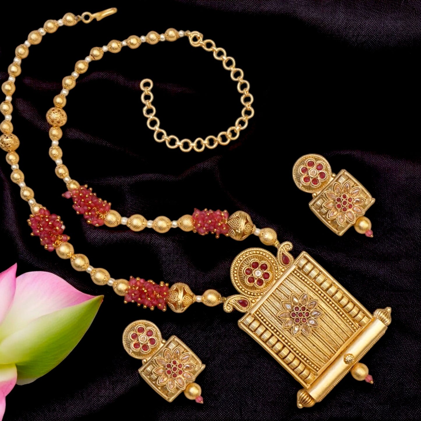 Rajwadi Gold Plated Long Pink Pearls Mala Bead Necklace Set