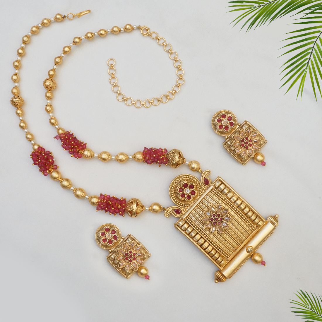 Rajwadi Gold Plated Long Pink Pearls Mala Bead Necklace Set