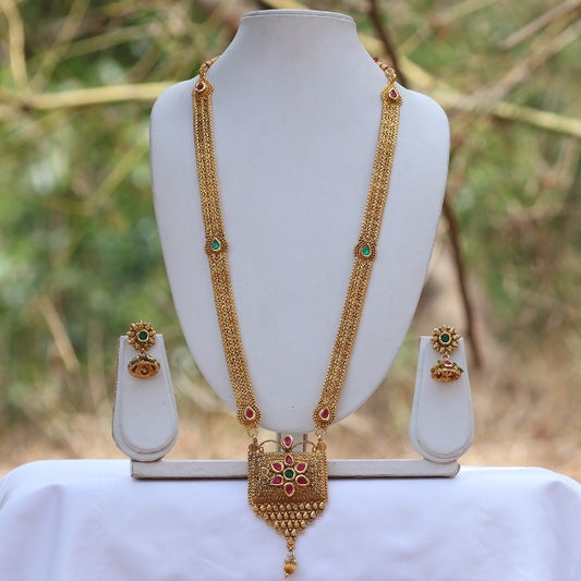 Mangalsutra Style Green & Maroon Kundan Long Gold Plated Necklace Set