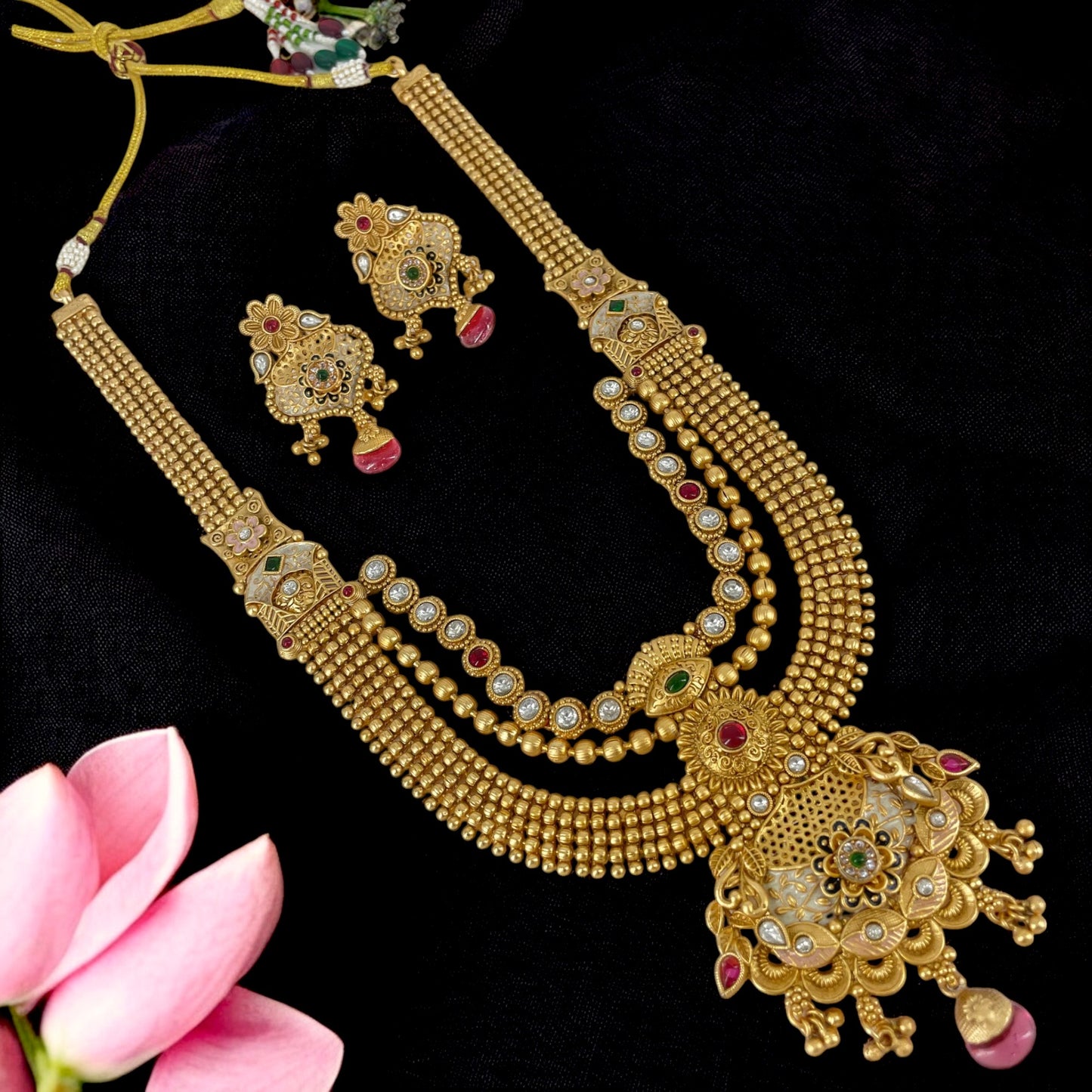 Gold Plated Kundan & Pearl Studded Rajwadi Long Necklace set