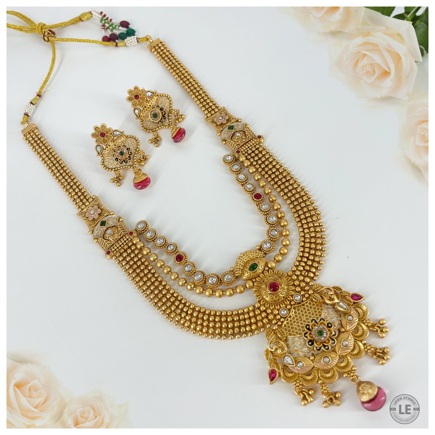 Gold Plated Kundan & Pearl Studded Rajwadi Long Necklace set