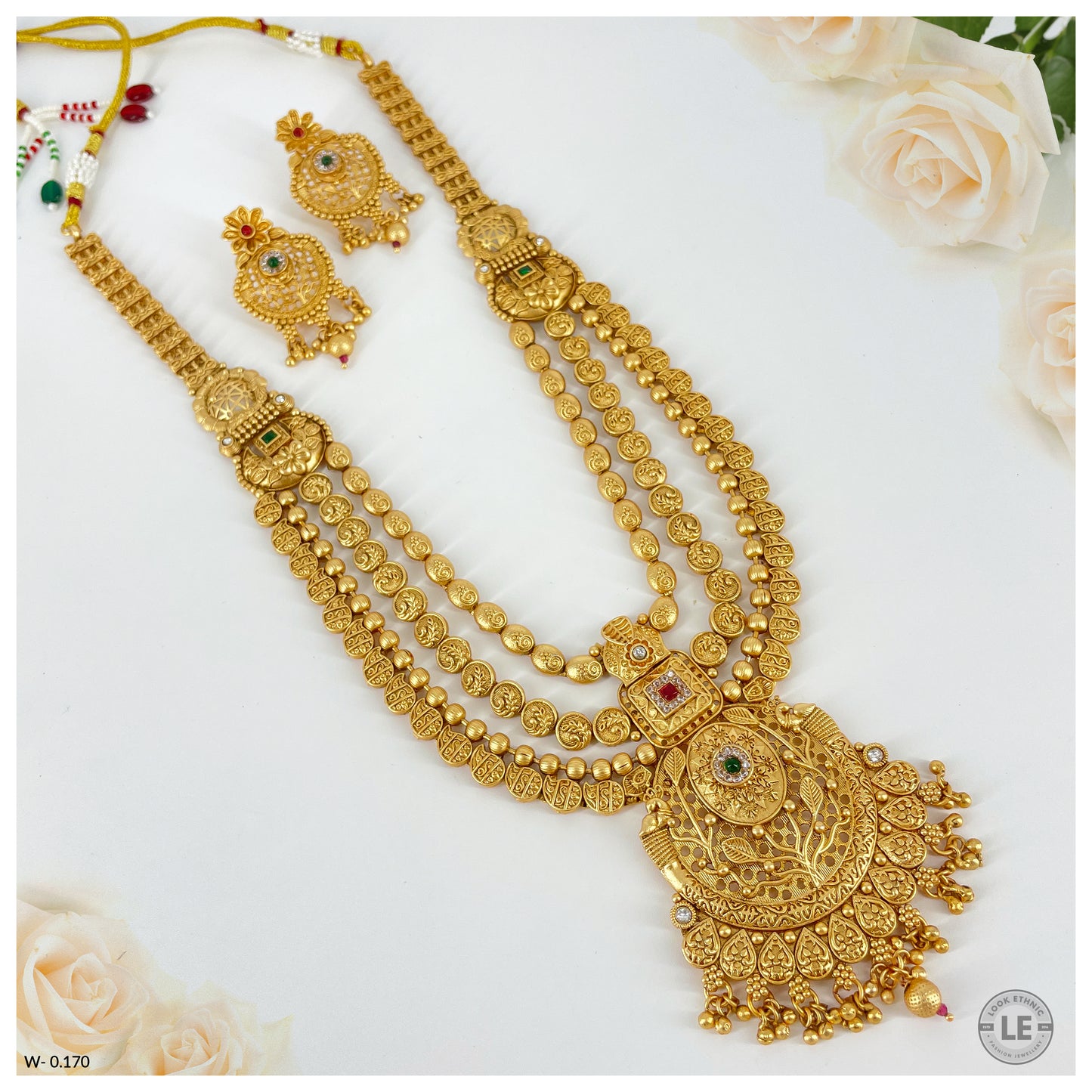 3 Layer Traditional AD Stone & Pearl Studded With Rajwadi Gold Plated Long Necklace set