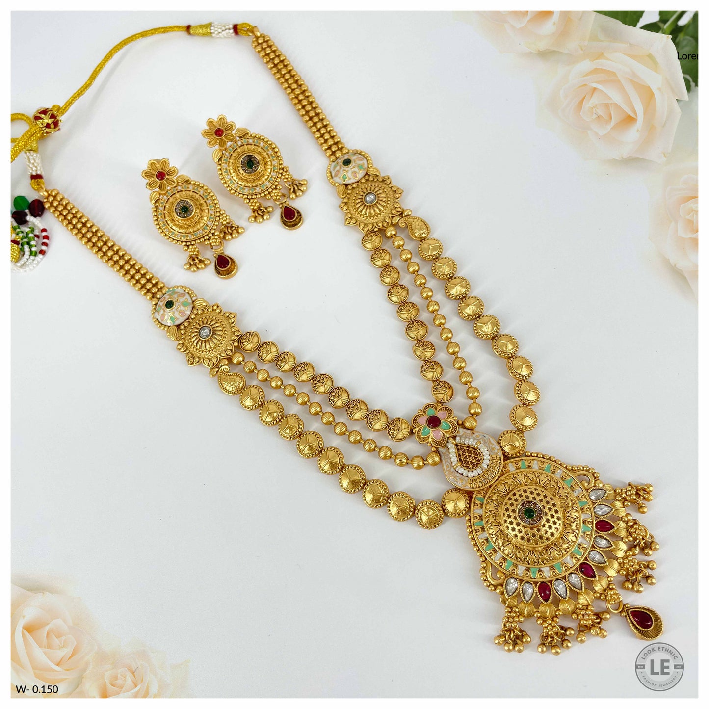3 Layer Traditional AD Stone & Pearl Studded With Rajwadi Gold Plated with Meenakari Long Necklace set
