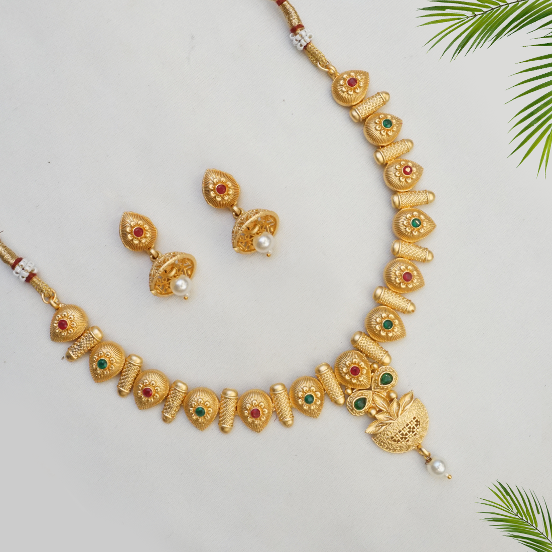 Rajwadi Gold Plated Brass Necklace Set With Jhumka earring