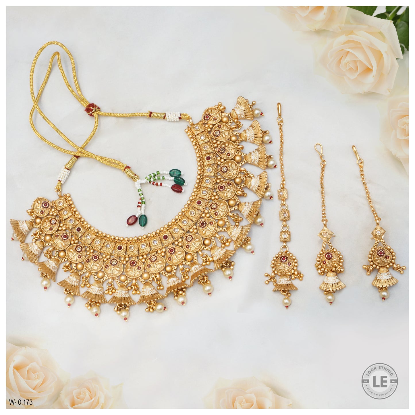 Rajwadi Gold Plated Semi Bridal Meenakari Short Necklace Set with Earrings