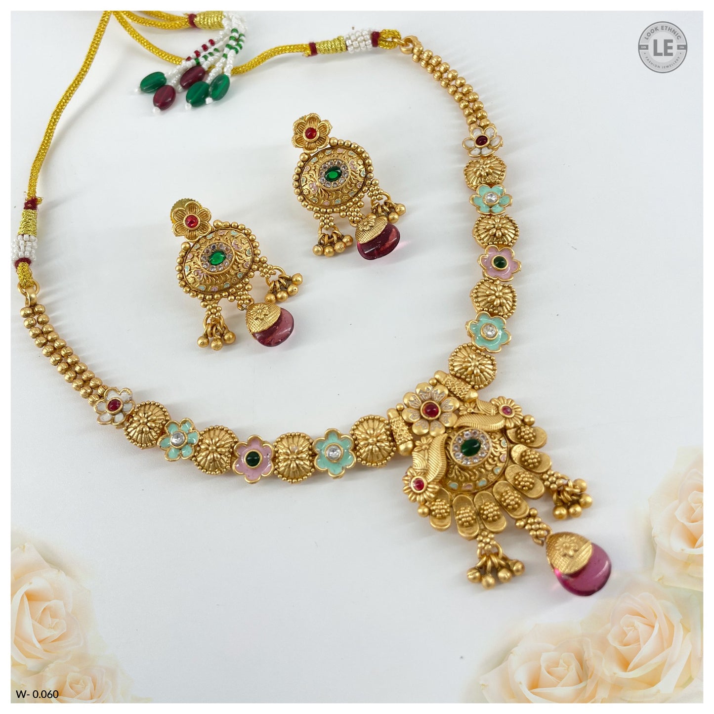 Traditional Rajwadi Gold Plated Meenakari Work Short Necklace Sets with Earrings