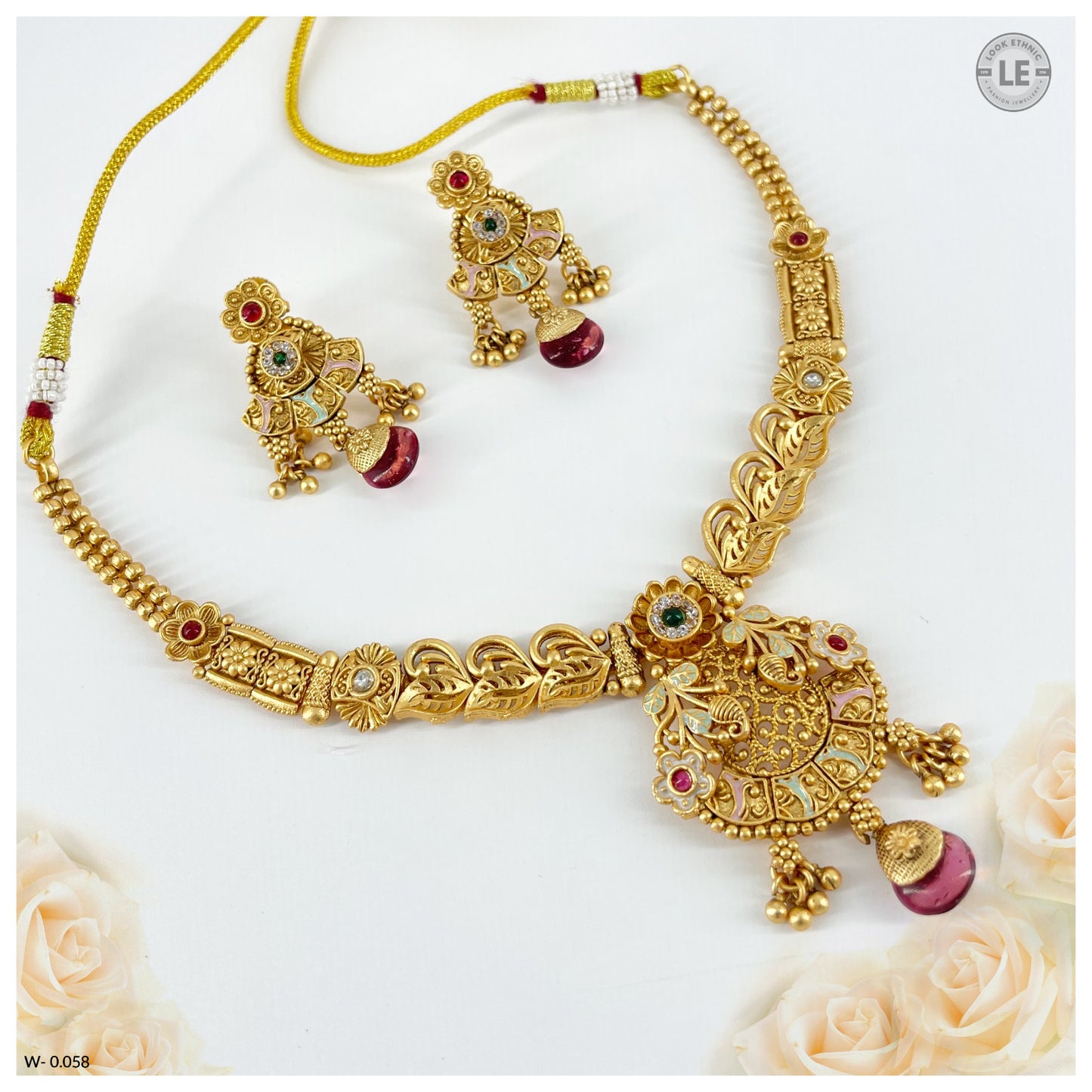Rajwadi Gold Plated Minakari Work Short Necklace Sets With Earring