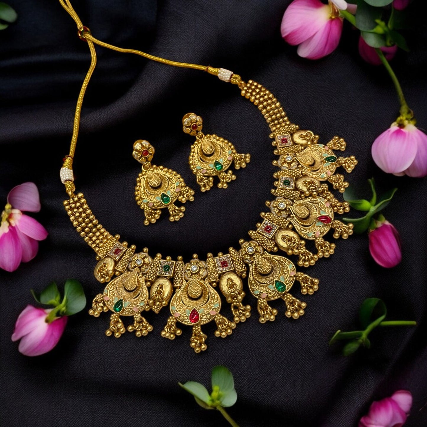 Experience timeless elegance with our Rajwadi Gold Polish Necklace Set