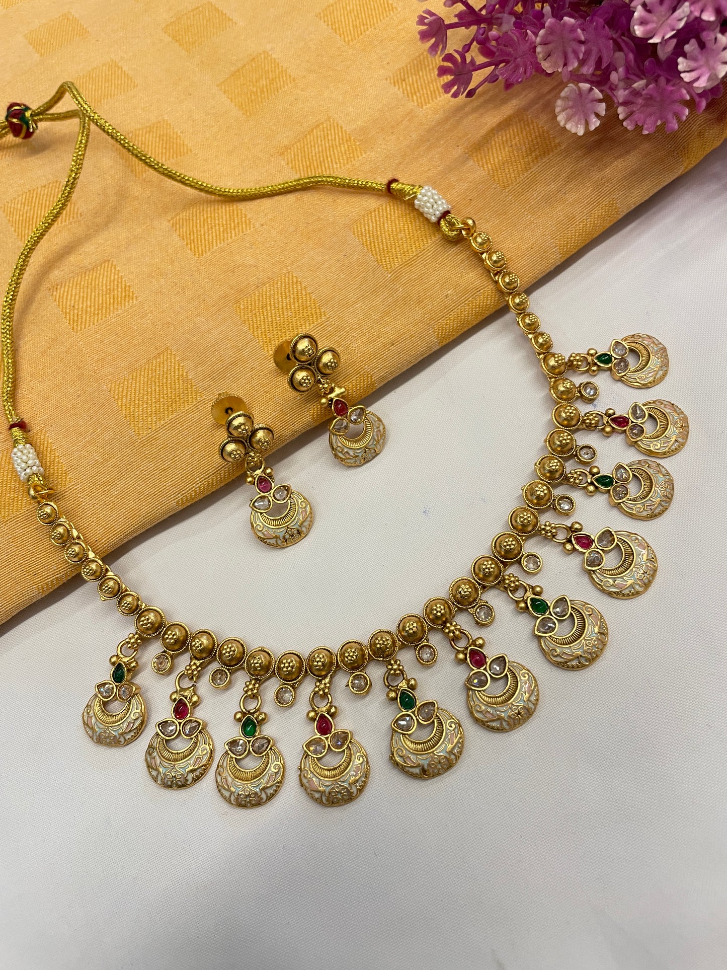 Rajwadi Gold Polish Meena Work Short Necklace Set with AD & Pota Stones