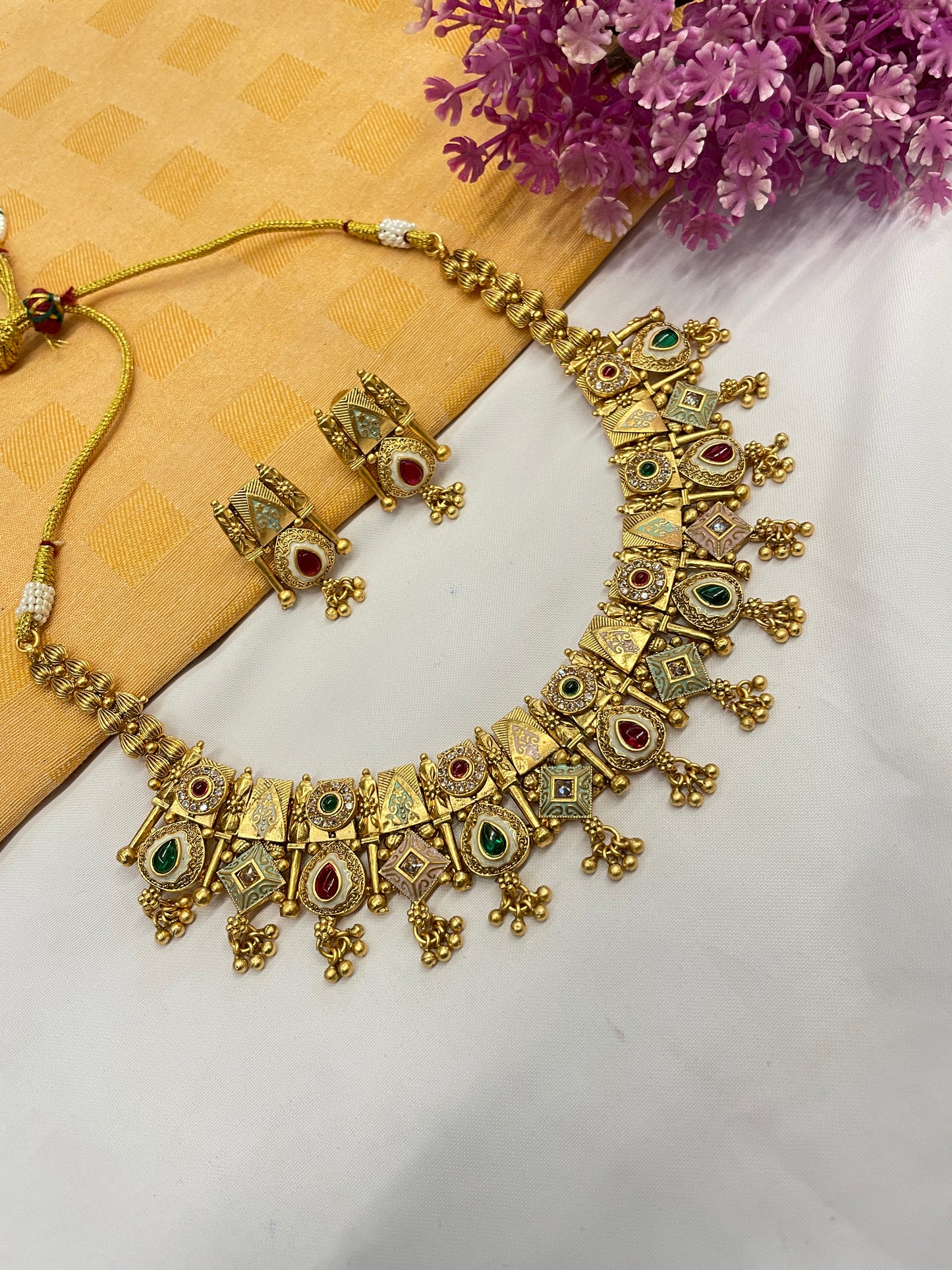 Rajwadi Gold Polish Meena Work Short Necklace Set with AD & Pota Stones