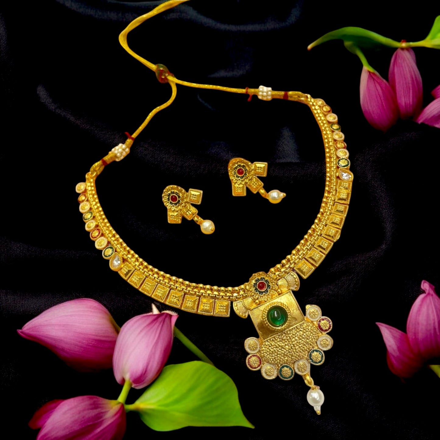 Traditional Rajwadi Gold Necklace and Earring Set