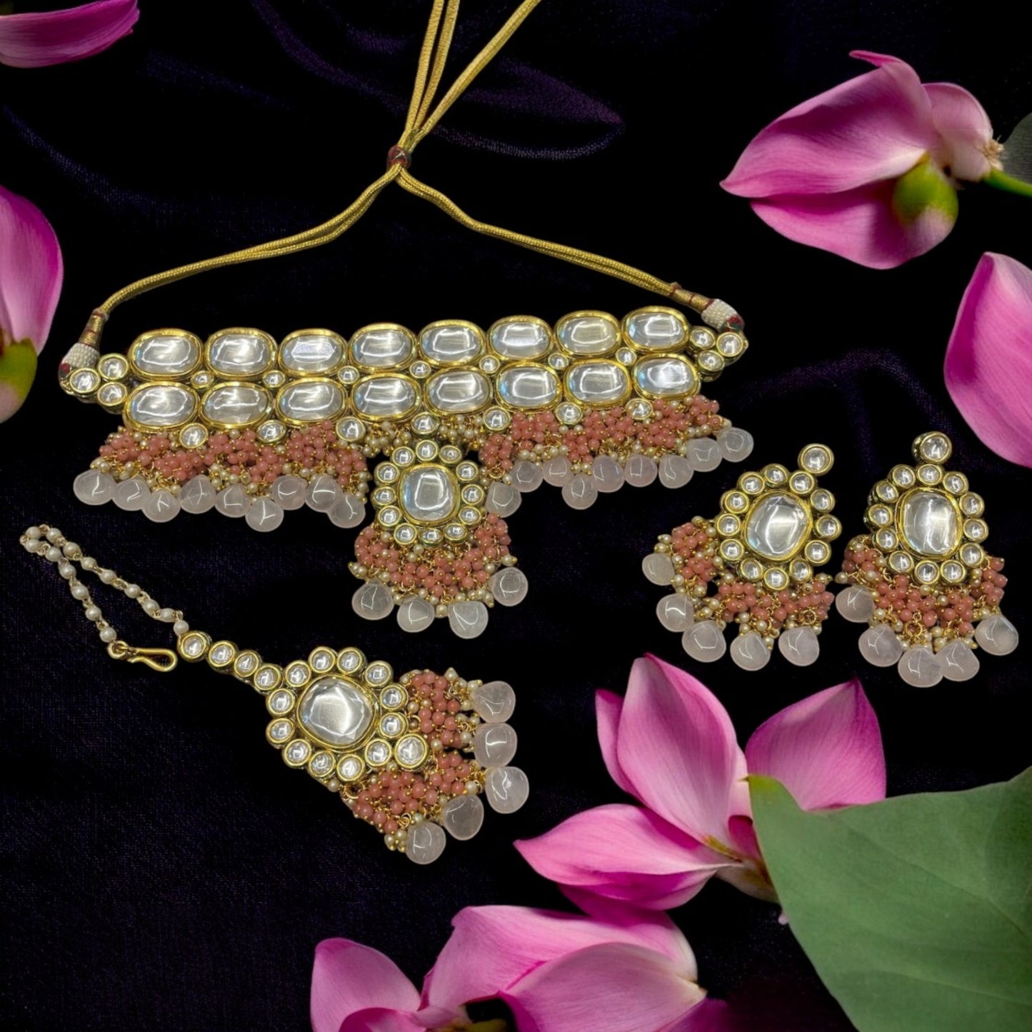 Traditional gold plated bridal polki kundan necklace set