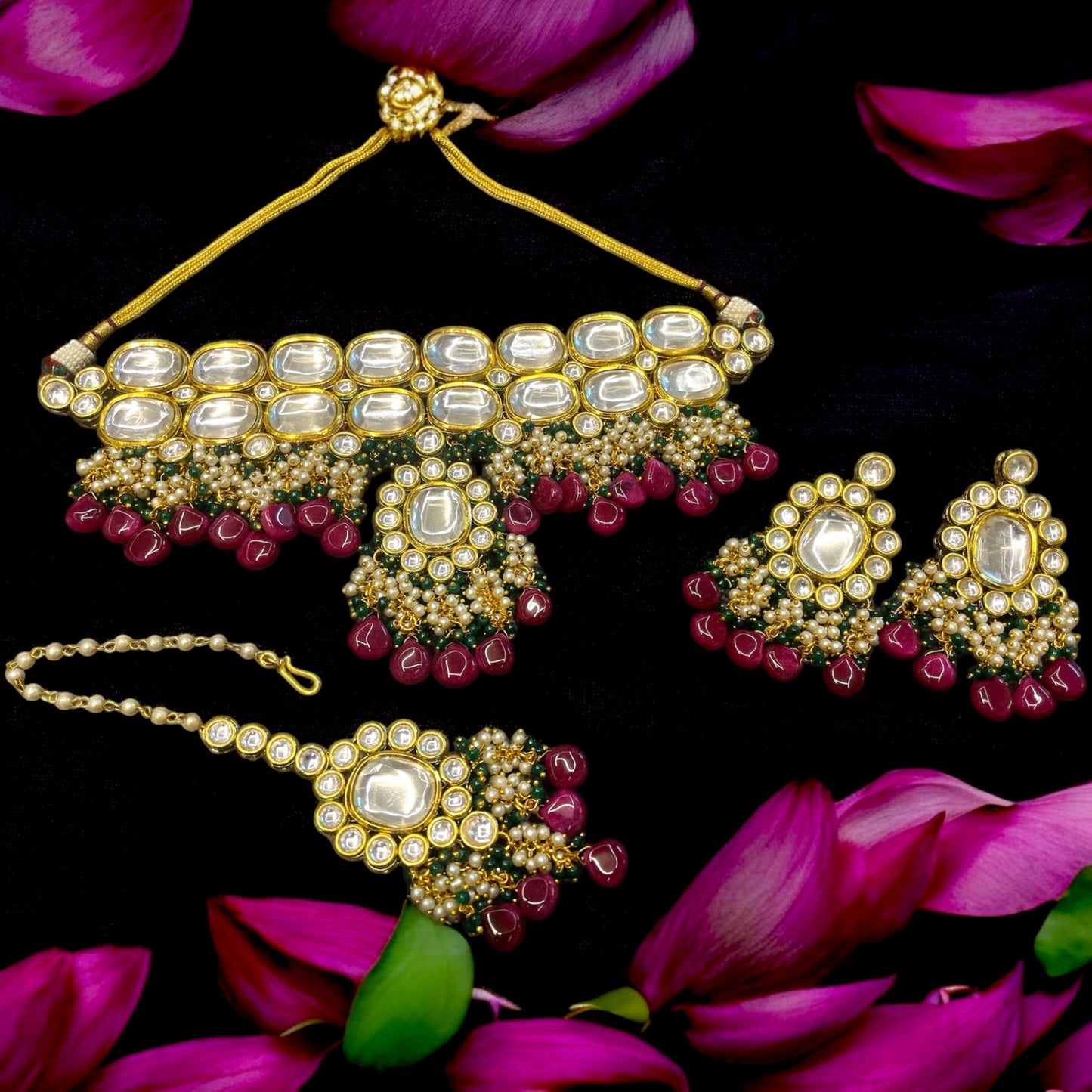 Traditional gold plated bridal polki kundan necklace set