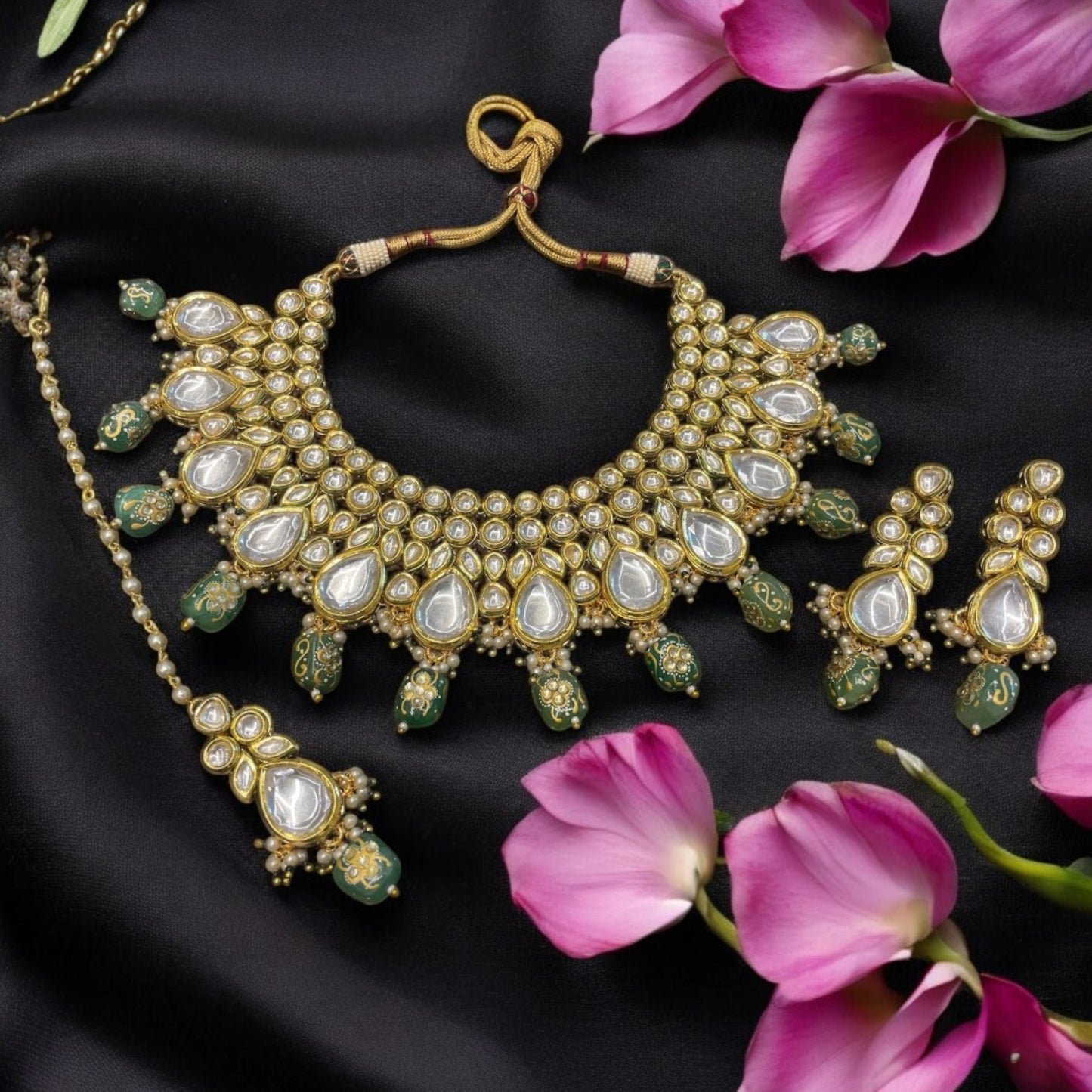 Traditional gold plated bridal polki kundan necklace set