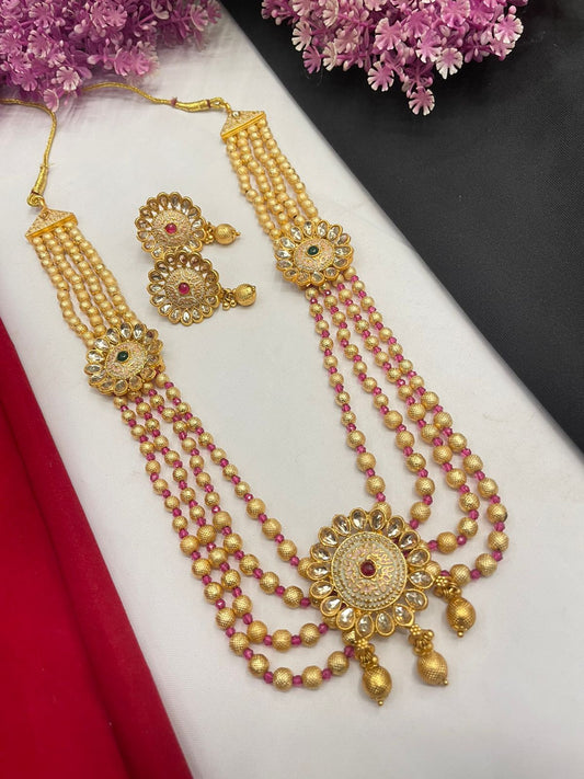 Rajwadi Gold Polish 4 Layer mala Long necklace set with earring
