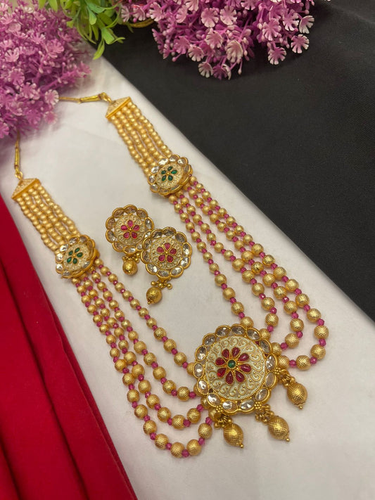 Rajwadi Gold Polish 4 Layer mala Long Meenkari necklace set with earring