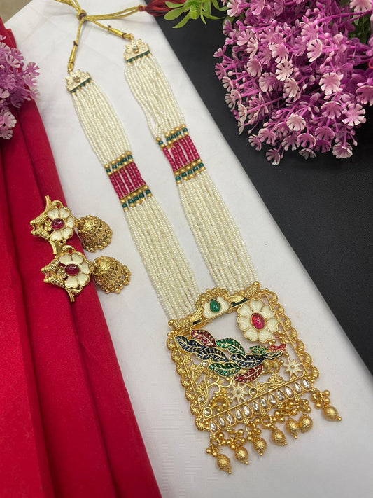 Rajwadi Gold-Plated Stone Studded & Beaded Peacock Motif Long Mala Jewellery Set