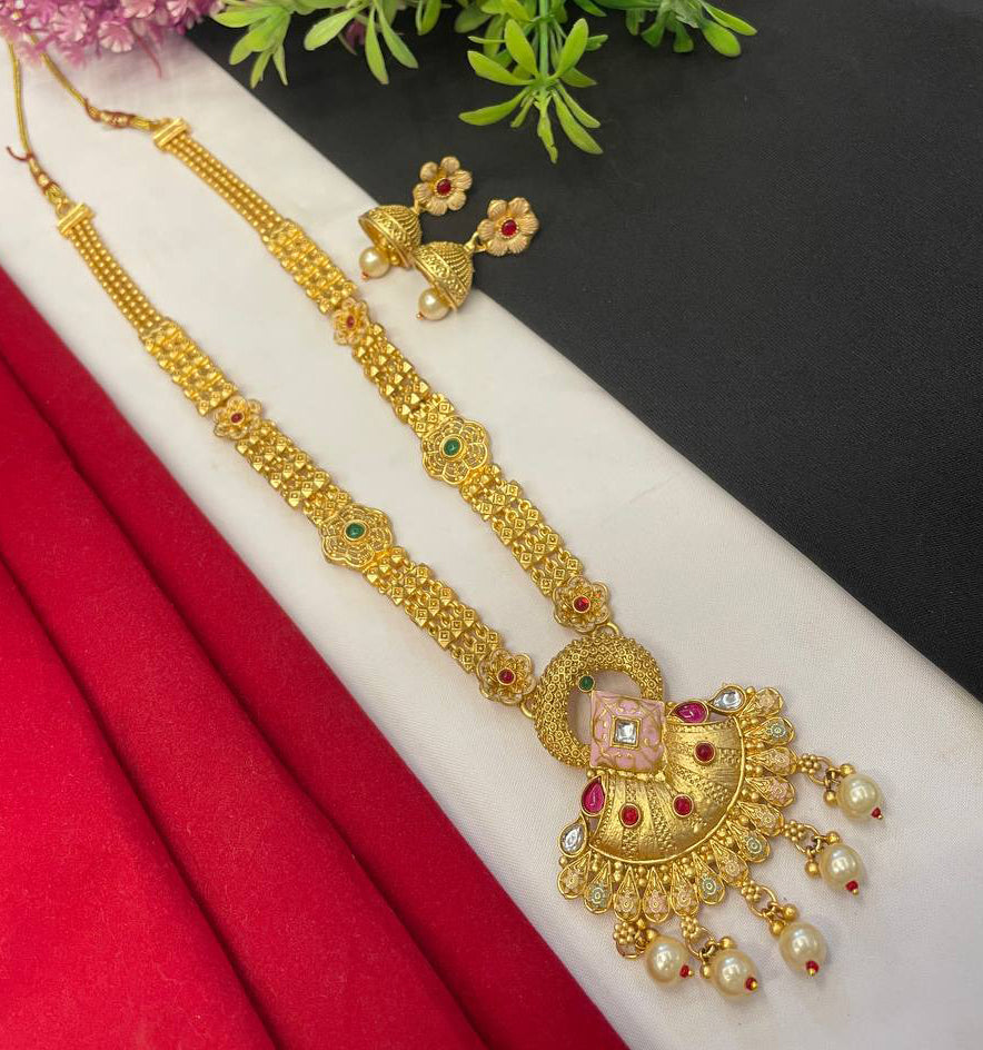 Experience regal elegance with our Rajwadi Gold Plated Long Necklace Set