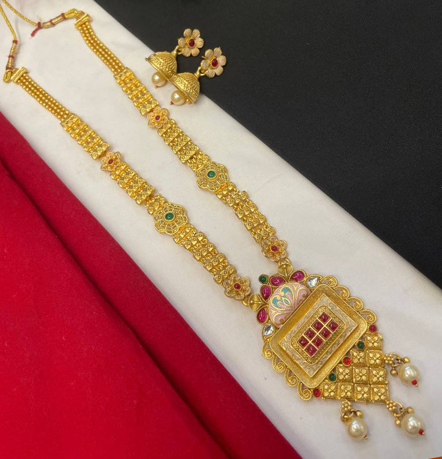 Transform your style with our Rajwadi Gold Plated Long Meenakari Necklace Set.