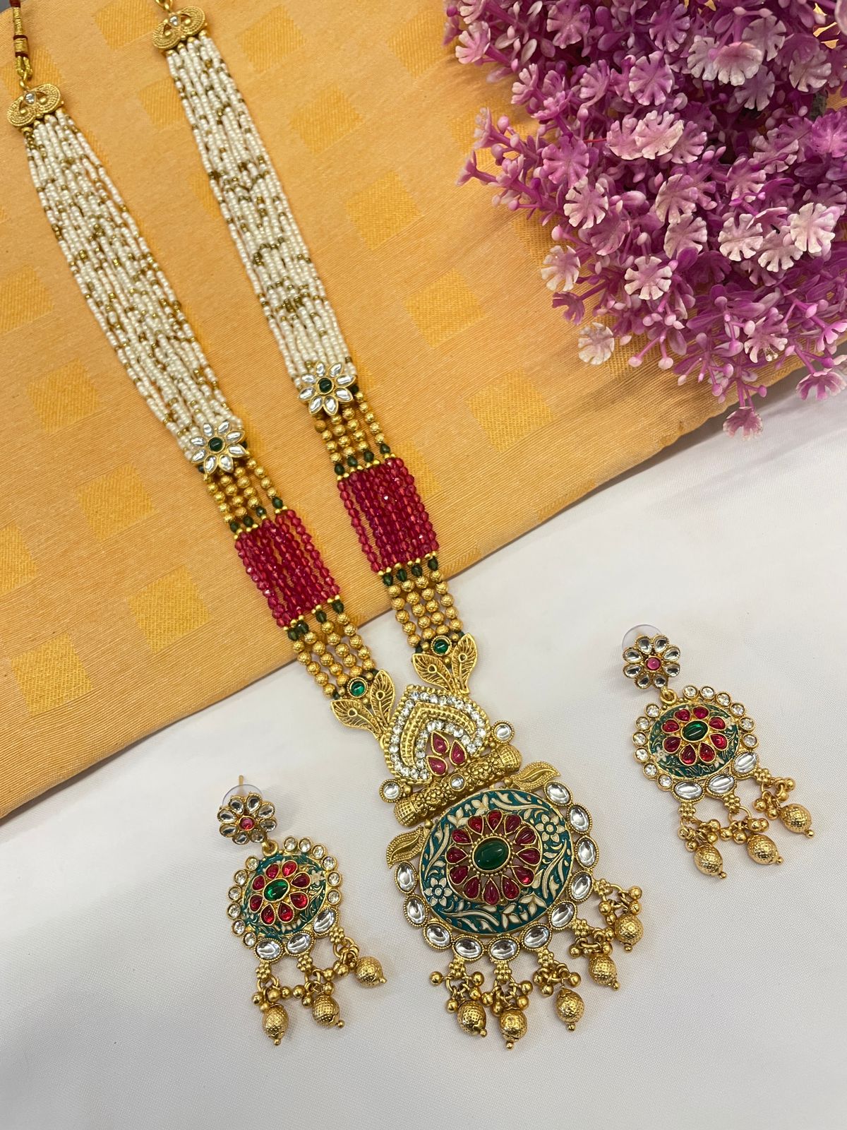 Rajwadi Gold Polish Moti Mala with Meenakari Long Necklace Set