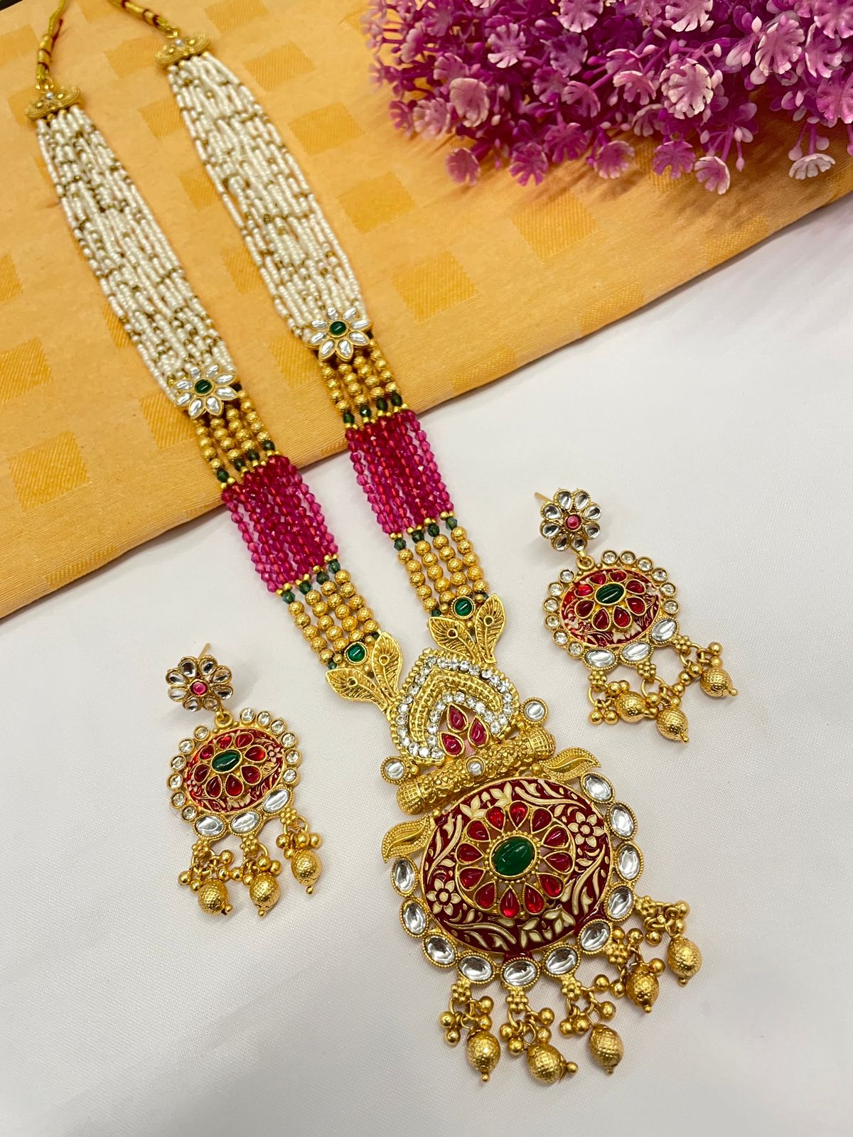 Rajwadi Gold Polish Moti Mala with Meenakari Long Necklace Set