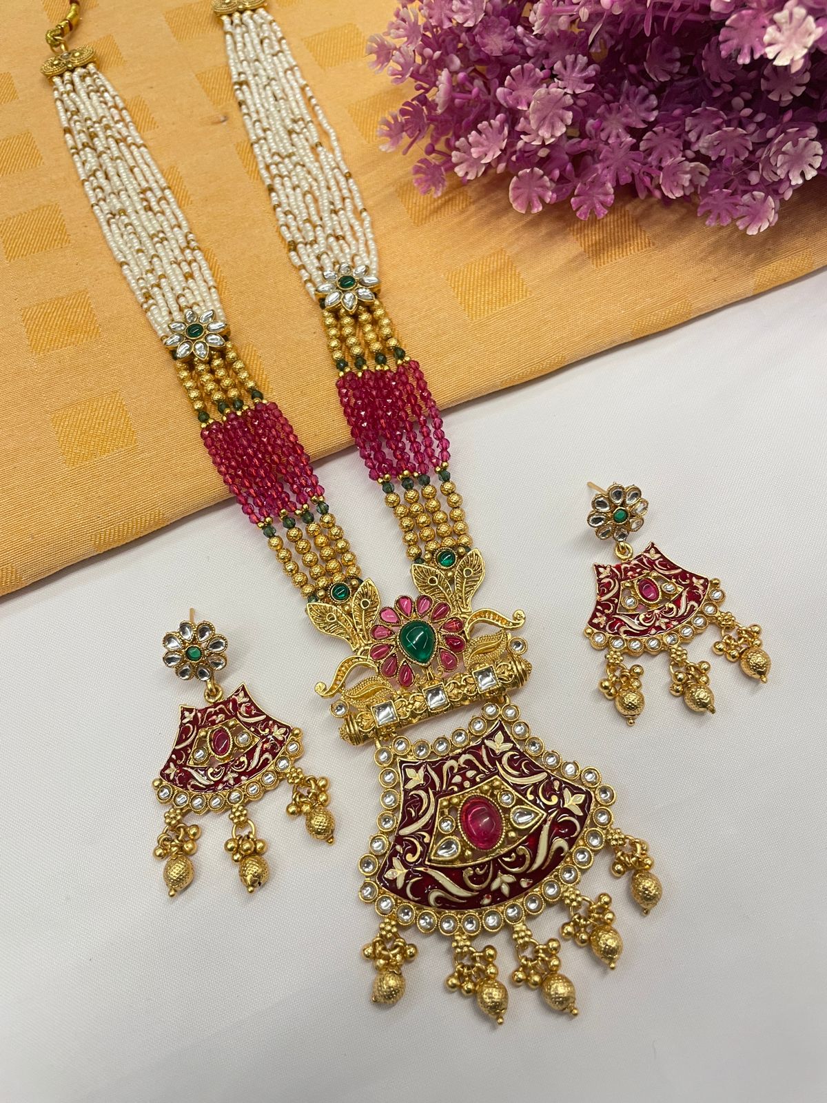 Rajwadi Gold Polish Moti Mala with Meenakari Long Necklace Set