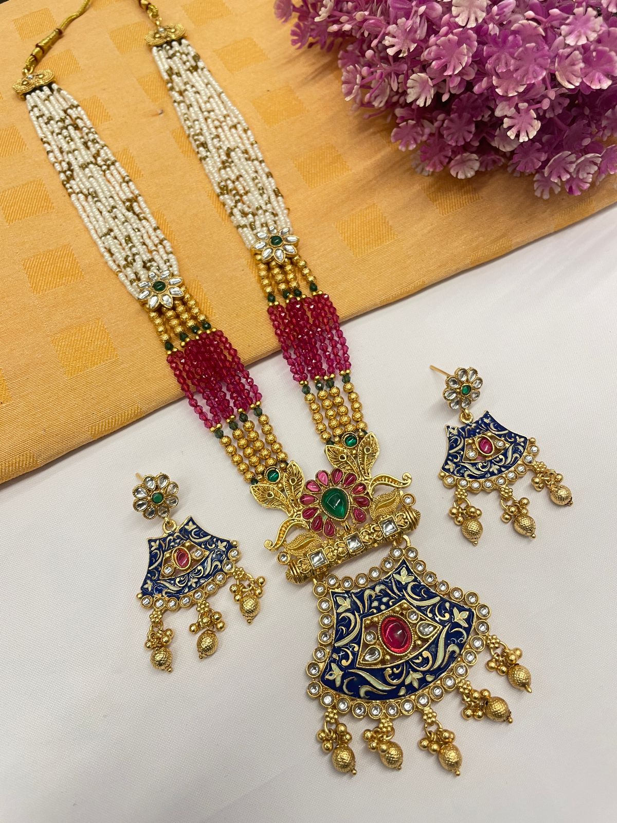 Rajwadi Gold Polish Moti Mala with Meenakari Long Necklace Set
