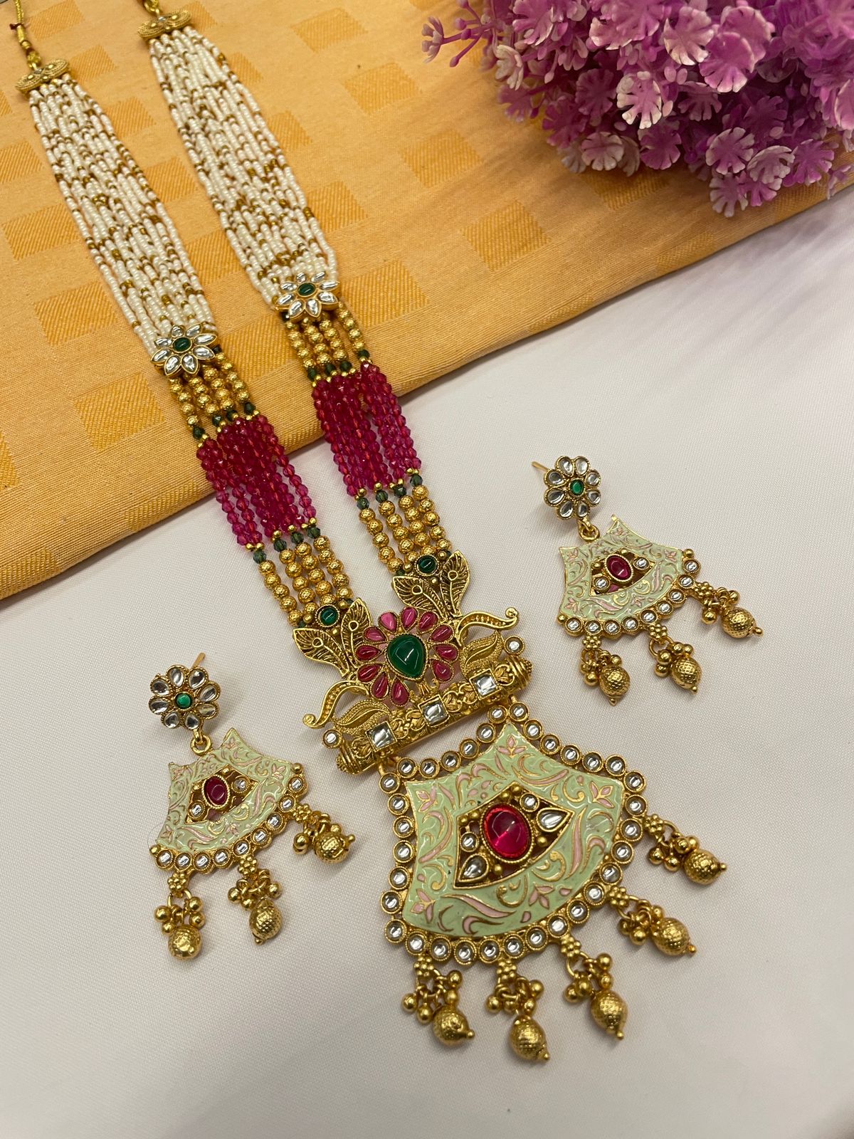 Rajwadi Gold Polish Moti Mala with Meenakari Long Necklace Set