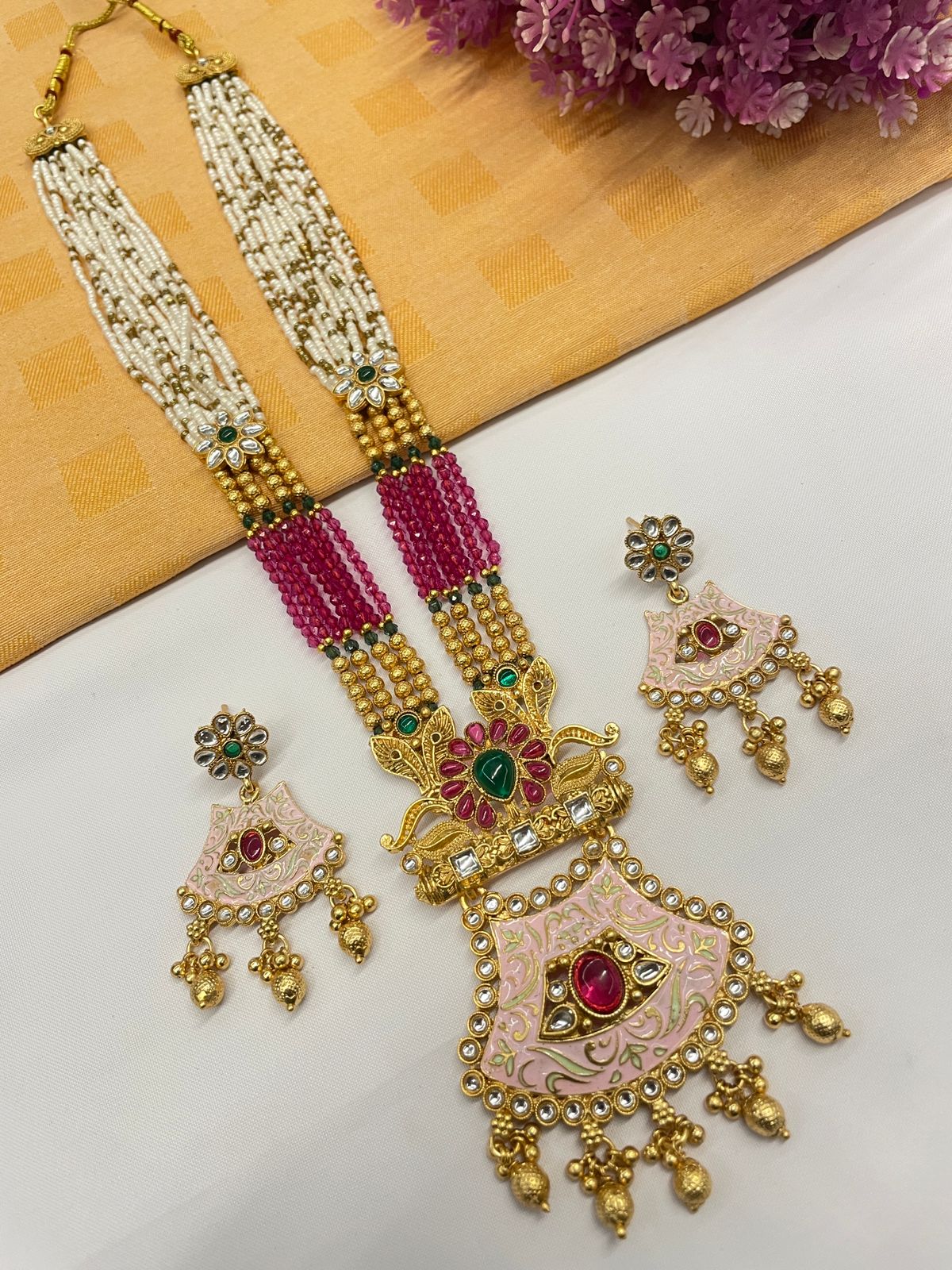 Rajwadi Gold Polish Moti Mala with Meenakari Long Necklace Set