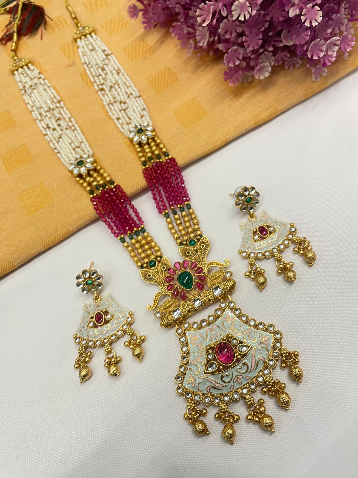 Rajwadi Gold Polish Moti Mala with Meenakari Long Necklace Set