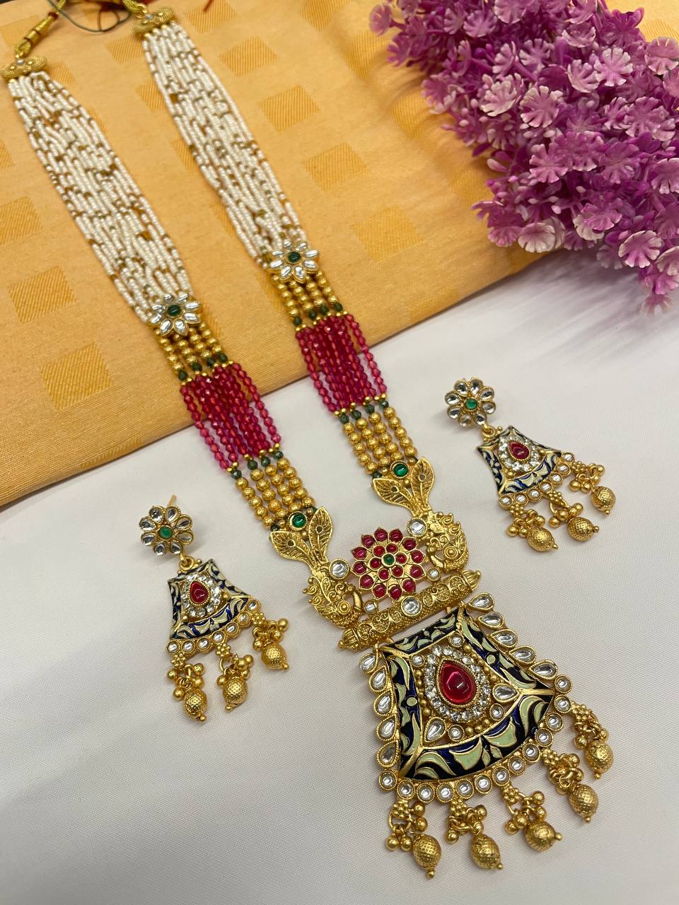 Rajwadi Gold Polish Moti Mala with Meenakari Long Necklace Set