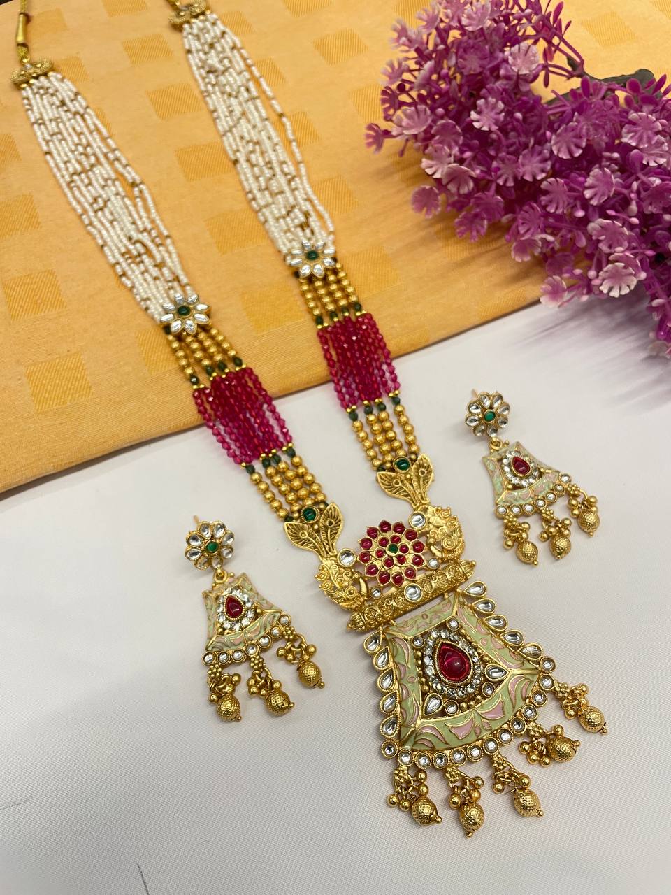Rajwadi Gold Polish Moti Mala with Meenakari Long Necklace Set