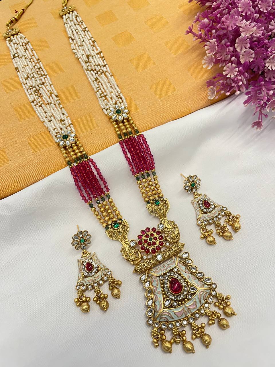 Rajwadi Gold Polish Moti Mala with Meenakari Long Necklace Set